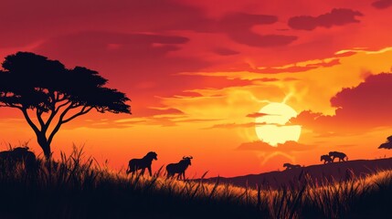 Aufkleber - Vibrant silhouettes of wildlife in the savannah at sunset with acacia trees and warm colors creating an adventurous safari atmosphere