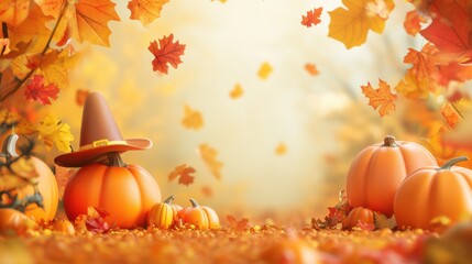 Poster - Celebrate Thanksgiving Day with vibrant 3D pumpkins and colorful autumn leaves in a festive banner design that evokes the spirit of the season