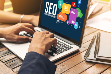 Poster - seo search engine optimization for modish e-commerce and online retail business showing on computer 