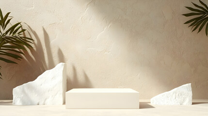 Poster - Empty White Podium On Beige Terrazzo Background With Marble Slabs Tropical Palm Leaves And Soft Sunlight For Product Placement 3D Rendering