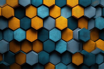 Poster - Graphic hexagon pattern featuring blue and orange hues with a modern design aesthetic