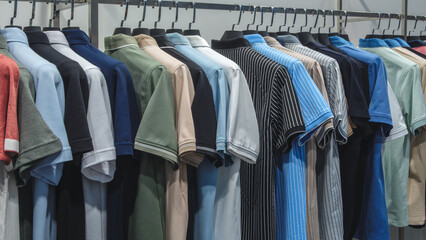 Poster - A rack of colorful shirts in a store. The shirts are arranged in a rainbow order, from light to dark. The display is eye-catching and inviting, drawing the attention of potential customers
