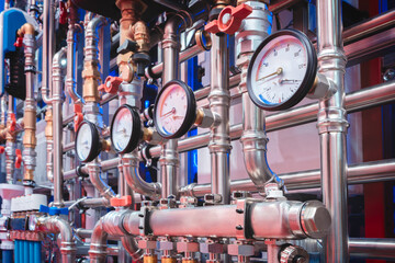 Aufkleber - Water supply wiring in the boiler room, metal and plastic pipes, filters, taps and shut-off valves, fittings, valves and pressure gauges and thermometers, heating boilers and tanks