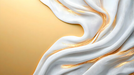 Poster - Elegant White Draped Fabric With Gold Accents On Smooth Golden Background Ideal For Luxury Product Presentation Or Wedding Promotion