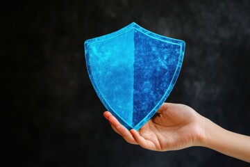 Poster - Promoting security through a clear blue shield design held by a hand