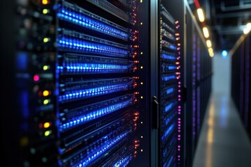 Poster - Data storage servers illuminated with LED lights in a modern technology facility