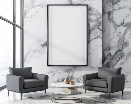 Two gray armchairs with a coffee table in front of a white marble wall with a large framed canvas in a modern interior design setting