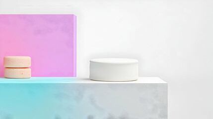 Poster - Minimalist Abstract Display With White Podium And Pastel Colored Geometric Background