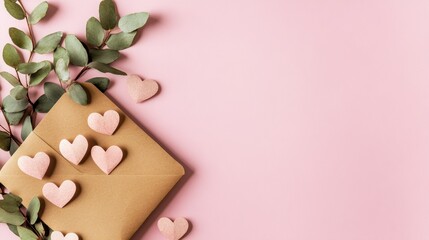 Poster - Romantic flat lay with handcrafted hearts and vintage envelope on soft pink backdrop perfect for celebrating love and cherished moments