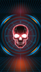 Poster - Red skull graphic within a futuristic, circular, neon-blue interface, set against a dark grid background. Represents technology, cybersecurity, or digital death concepts