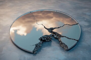 Poster - Unique cracked mirror reflecting cloudy sky on solid surface creating artistic illusion