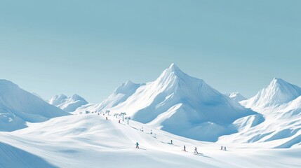 Poster - Epic winter landscape highlights a ski resort with snow covered mountains and skiers under a clear blue sky
