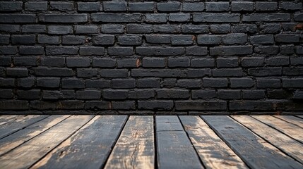 Aufkleber - A rustic brown wooden table stands empty, showcasing its warm tones against a stark black brick wall. The inviting scene hints at moments waiting to be shared, perfect for gatherings