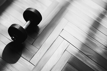 Poster - Minimalist black and white dumbbells on textured wooden floor with diagonal lines and negative space in balanced composition