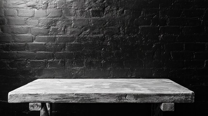 Aufkleber - A rustic brown wooden table stands alone against a textured black wall, exuding an air of tranquility and minimalism. The absence of clutter enhances its charm, sparking imagination