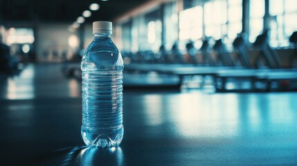 Poster - Minimalist water bottle positioned for fitness enthusiasts in a modern gym setting with a clean blurred backdrop for motivation