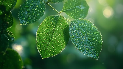 Poster - Lush Green Leaves with Water Droplets