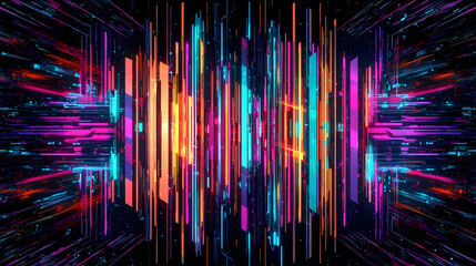Poster - Abstract Digital Composition Featuring Bright Vertical Light Beams and Geometric Colorful Structures on Black Background