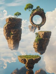 Poster - Floating islands with portals to diverse virtual worlds nestled in a serene sky showcasing creativity and imagination in digital landscapes