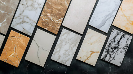 Poster - Assortment Of Various Marble Tile Samples Arranged Diagonally Against A Dark Background Showcasing Diverse Textures And Colors