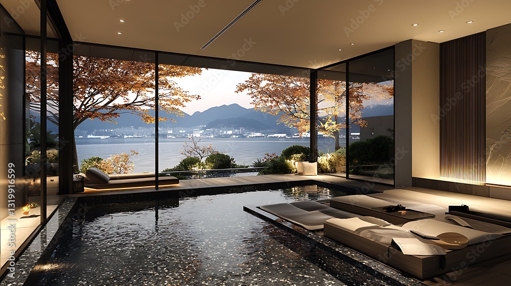 Luxury Modern Interior Pool with Lake View Stock Illustration | Adobe Stock
