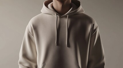 Poster - Blank mens hooded sweatshirt mockup for custom prints in neutral tone showing front view with minimal background for design flexibility
