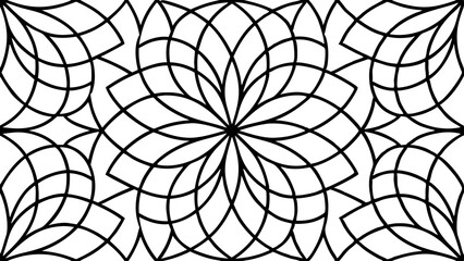 Poster - geometric floral pattern formed by intricate black lines arranged in symmetrical curves. This seamless design could be used as a background or textile pattern. vector illustration