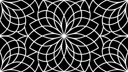 Poster - intricate white pattern on black background. The geometric design features a floral motif and curved lines, evoking a sense of elegance and sophistication. vector illustration