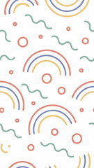 Poster - a colorful seamless pattern with rainbow and different shapes, perfect for various design applications. The pattern features a repeat design with bright rainbow elements, playful shapes