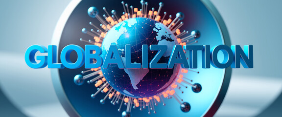 Poster - 3D rendering of blue word Globalization and digital Earth globe, surrounded by connections, symbolizing global interconnectedness and international relations