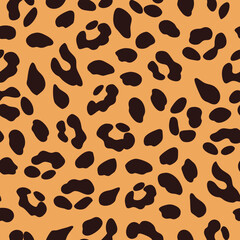 Poster - leopard skin seamless pattern with brown spots on orange background, vector illustration