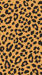 Poster - leopard print pattern background with an orange base and black spots. This seamless design is perfect for textiles, wallpapers, and graphic design projects. vector illustration