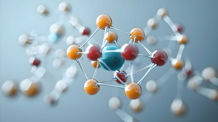 Poster - Abstract Molecular Structure with Blue Orange and Red Spheres Connected by Lines on a Blue Background