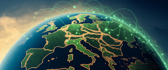 Poster - Stylized Earth map showcasing Europe, green textured landmasses, glowing lines symbolizing global connectivity, network, communication, and international relations