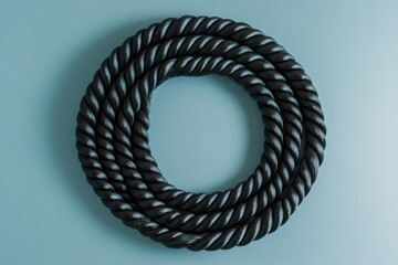 Poster - Black jump rope coiled in a spiral on smooth grey background with minimalist design and ample negative space