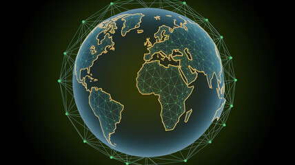 Poster - 3D model of Earth encased in a network, showcasing global connectivity and communication, symbolizing worldwide reach and digital interaction, ideal for technology or business presentations