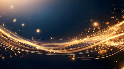 Poster - Abstract Golden Wave With Sparkling Glittering Particles On A Dark Blue Background With Bokeh Effect Festive Luxury Design