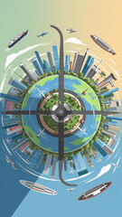 Aufkleber - Stylized globe showing city, roads, and transport, symbolizing global connectivity and urban development, showcasing a modern city's infrastructure and transportation systems