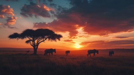 Poster - Silhouettes of animals grazing in the savannah under a vibrant sunset with acacia trees framing the horizon