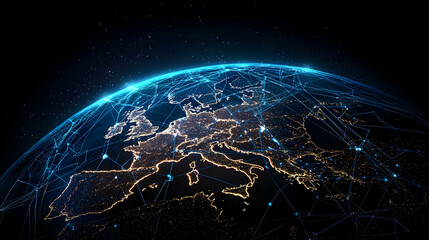 Poster - Planet Earth At Night From Space Showing Europe With Interconnected Glowing Dots And Lines Representing Global Communication