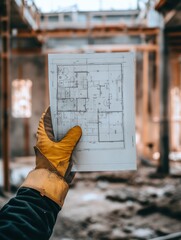 Leinwandbilder - Holding a construction blueprint at a busy construction site during the day and focused on safety