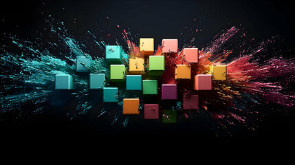 Poster - Abstract Composition Of Floating Colorful Cubes With Particle Effects On Black Background