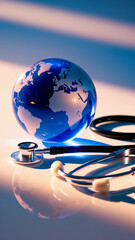 Aufkleber - Glass globe with continents etched, rests beside stethoscope on reflective surface, symbolizing global healthcare or medical research