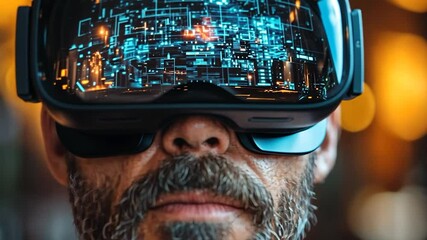 Bearded man using VR headset, digital interface visible.
