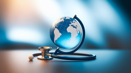 Aufkleber - Globe and stethoscope on a surface, symbolizing global health, medical care, or international healthcare initiatives
