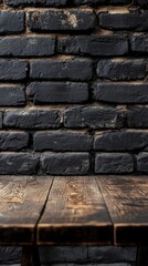 Poster - A rich brown wooden table sits empty, illuminated softly against a backdrop of an aged black brick wall. The interplay of textures hints at opportunities for creativity and reflection