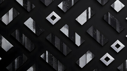 Poster - Abstract Background With 3D Geometric Shapes Black White and Gray Monochrome Pattern With Diamonds Squares Triangles and Stripes on a Dark Surface
