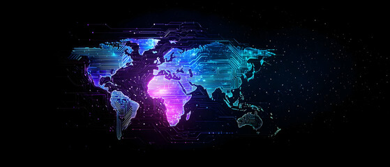 Poster - Digital World Map With Pixelated Continents And Glowing Blue And Purple Lights On Black Background