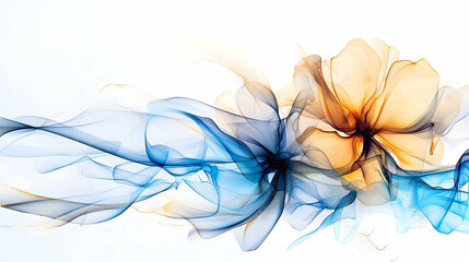 Poster - Abstract Floral Design With Blue And Orange Ink Flowers On White Background