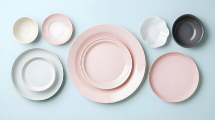 Poster - A Flat Lay Arrangement of Pastel Pink White and Gray Round Plates and Bowls on A Soft Blue Background